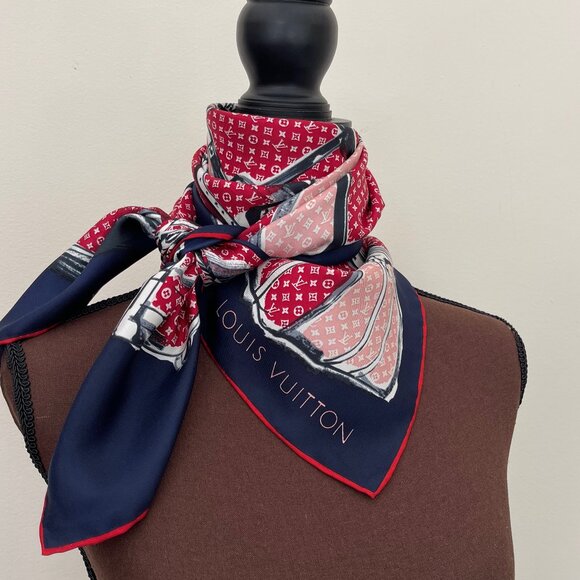 Louis Vuitton Scarf Trunks Luggage Monogram Blue Red Silk Wrap - Picture 14 of 15